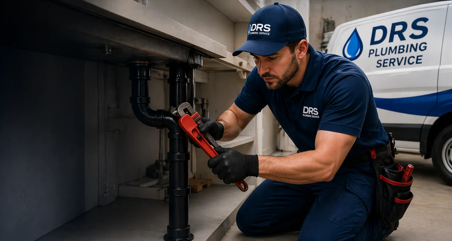 Professional plumber repairing kitchen drain line