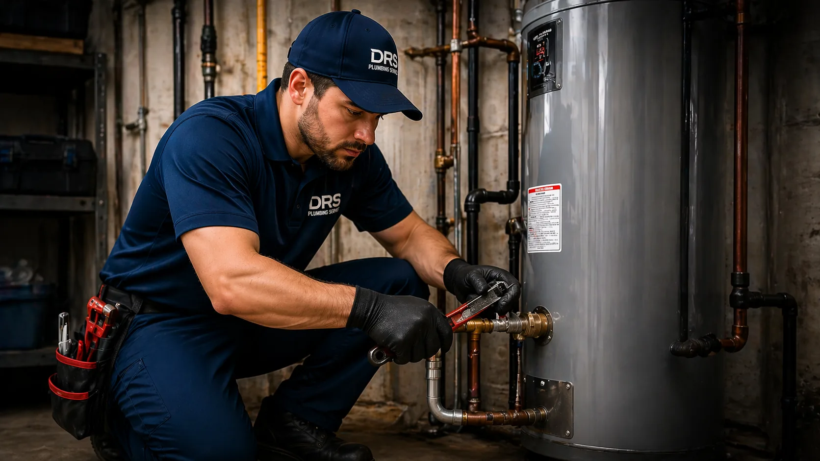 Plumber working on residential water heater connection